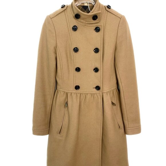 003323 Burberry Women's Stand Collar Double-Breasted Tweed Coat Brown Size 36